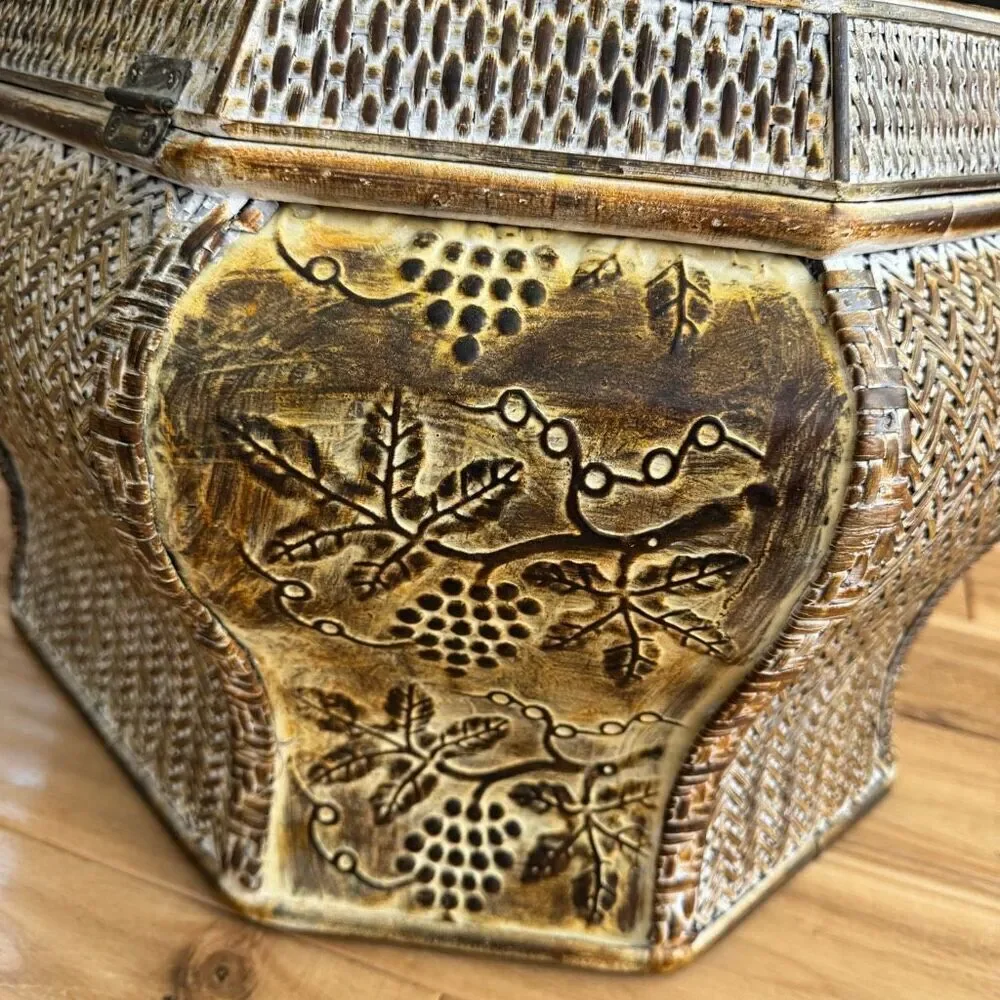 Asian Style Vintage Woven Carved light metal/Wooden Trunk inside storage box